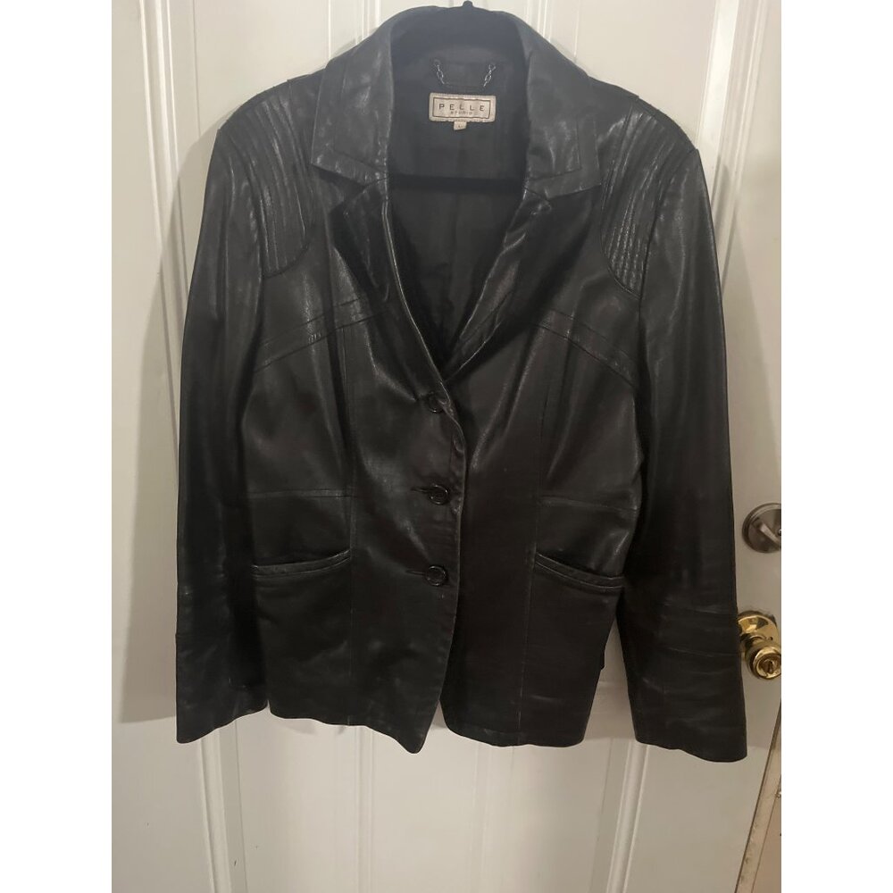 Pelle Studio black blazer button front collared leather jacket size Large